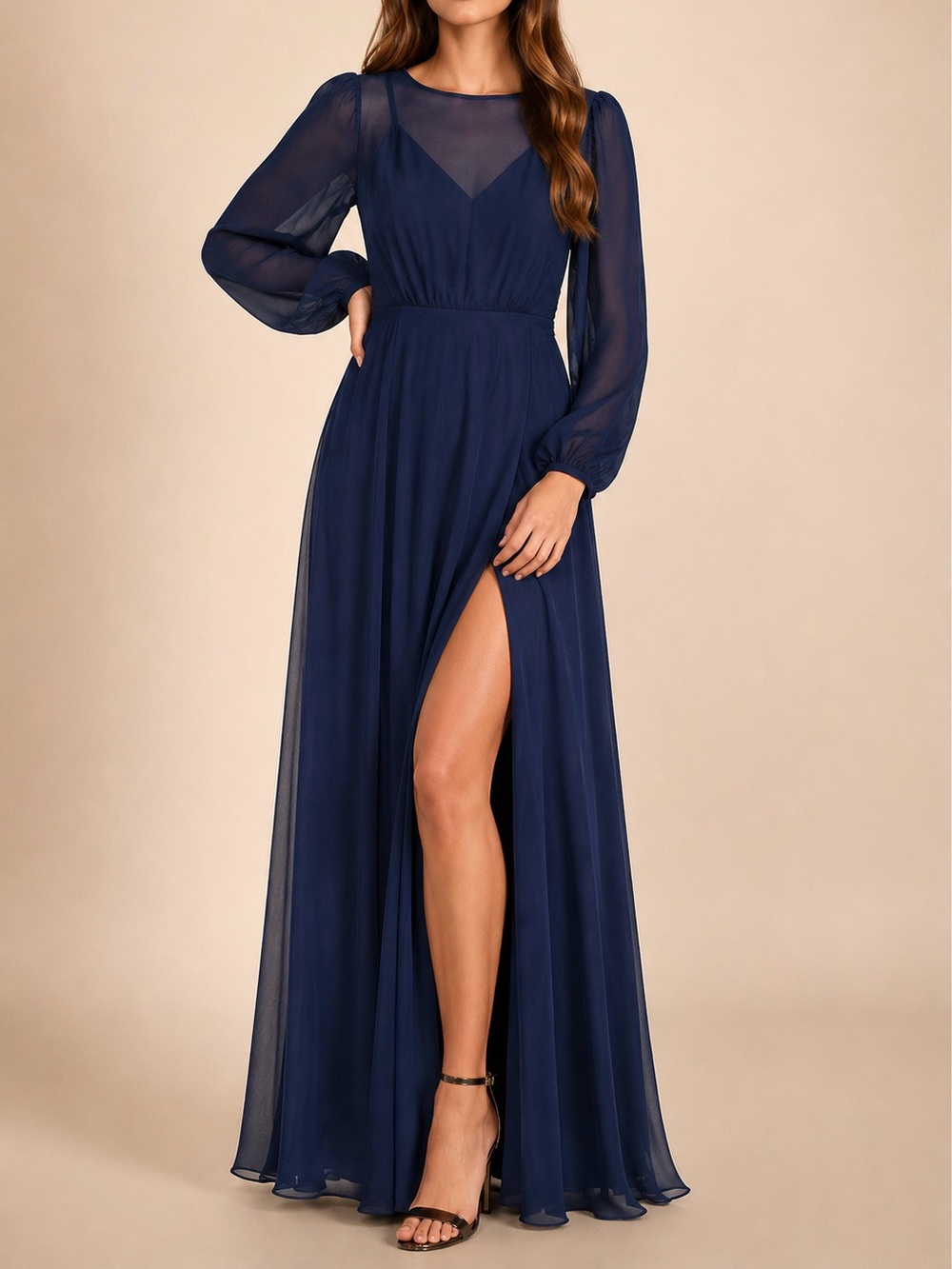 Lulus Navy Blue Long Sleeves Slit Prom Formal Dress Small